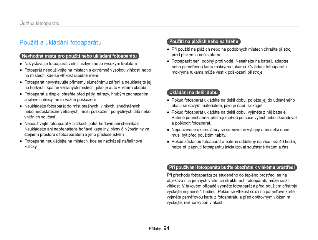 Samsung EC-ST93ZZBPBE3 manual Použití a ukládání fotoaparátu, Údržba fotoaparátu, Použití na plážích nebo na břehu 