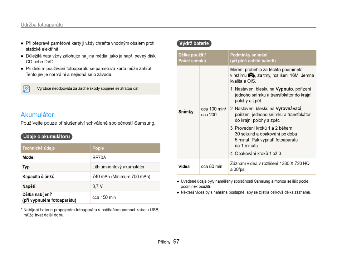 Samsung EC-ST93ZZBPBE3, EC-ST93ZZBPRE3, EC-ST93ZZBPSE3 manual Akumulátor, Výdrž baterie, Údaje o akumulátoru 