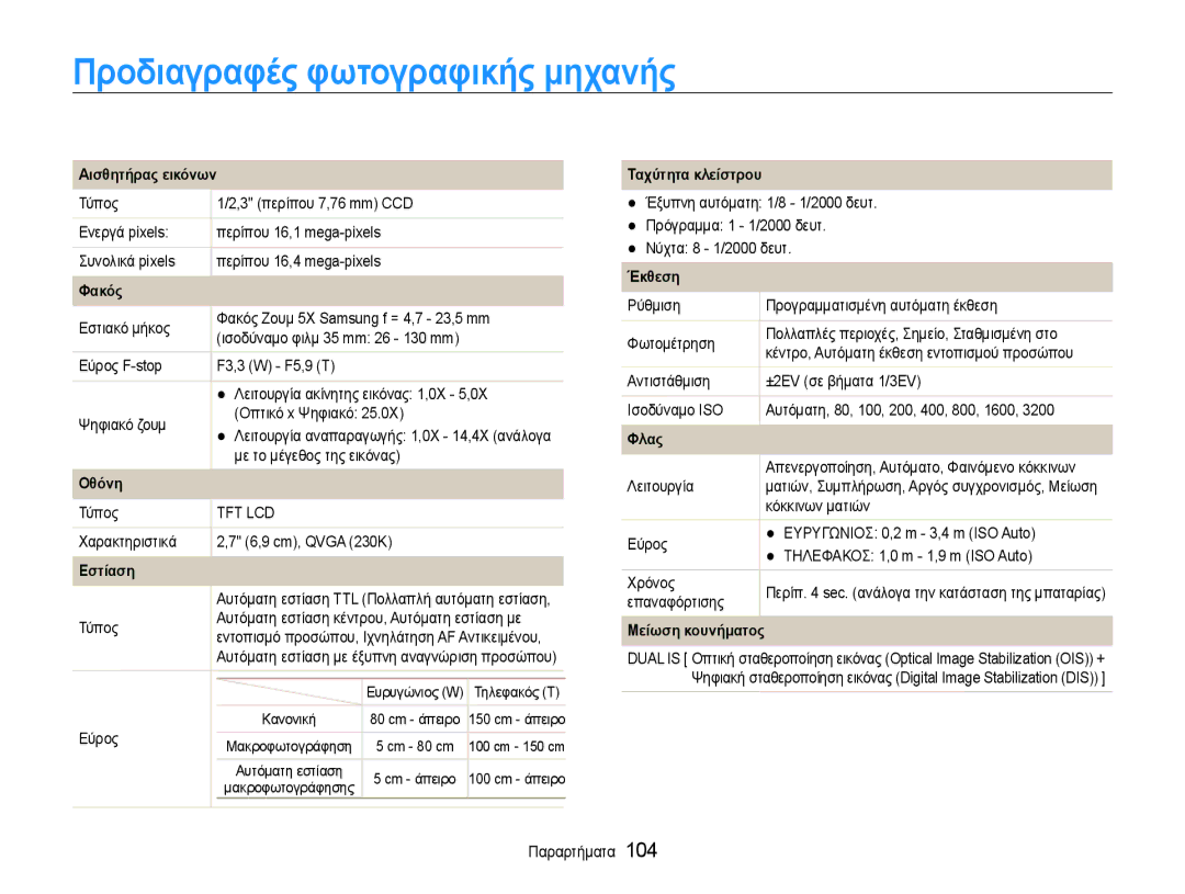 Samsung EC-ST93ZZBPRE3, EC-ST93ZZBPSE3, EC-ST93ZZBPBE3 manual Προδιαγραφές φωτογραφικής μηχανής 