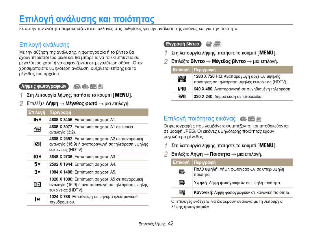 Samsung EC-ST93ZZBPSE3, EC-ST93ZZBPRE3, EC-ST93ZZBPBE3 manual Επιλογή ανάλυσης και ποιότητας, Επιλογή ποιότητας εικόνας 