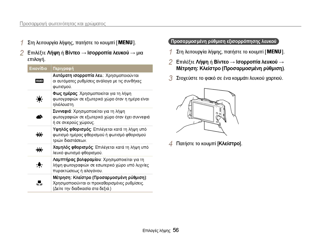 Samsung EC-ST93ZZBPRE3, EC-ST93ZZBPSE3 manual Πατήστε το κουμπί Κλείστρο, Προσαρμοσμένη ρύθμιση εξισορρόπησης λευκού 