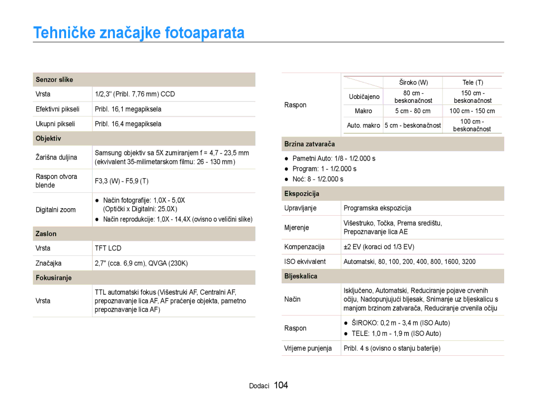 Samsung EC-ST93ZZBPRE3, EC-ST93ZZBPSE3, EC-ST93ZZBPBE3 manual Tehničke značajke fotoaparata 