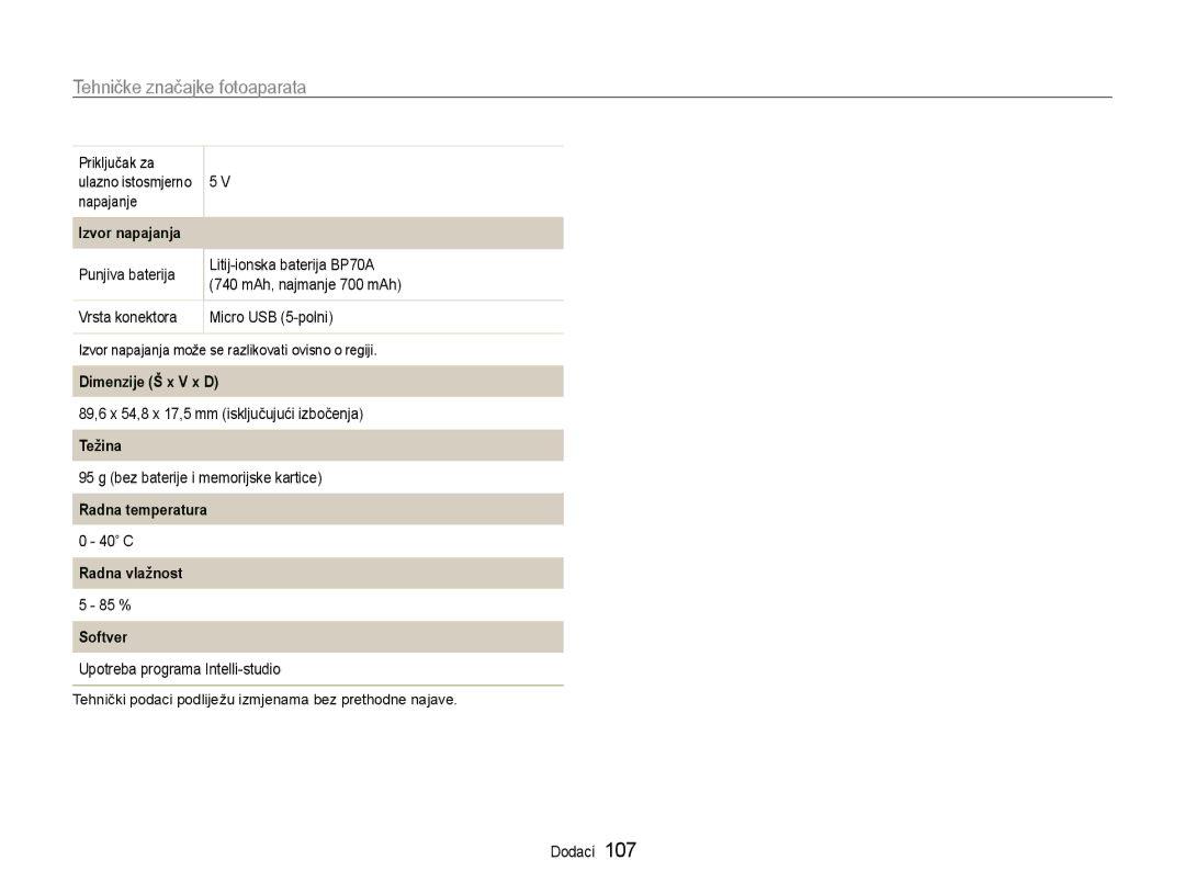 Samsung EC-ST93ZZBPRE3 manual Izvor napajanja, Dimenzije Š x V x D, Težina, Radna temperatura, Radna vlažnost, Softver 