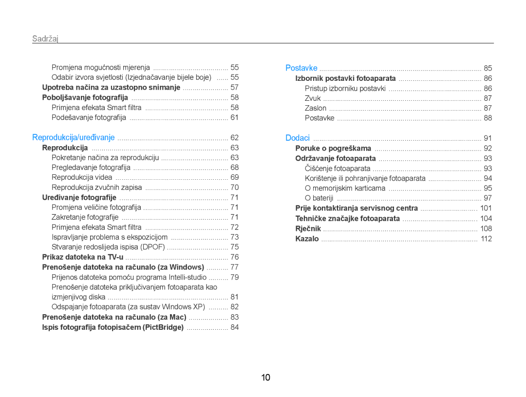 Samsung EC-ST93ZZBPBE3, EC-ST93ZZBPRE3, EC-ST93ZZBPSE3 manual Sadržaj﻿, Upotreba načina za uzastopno snimanje 