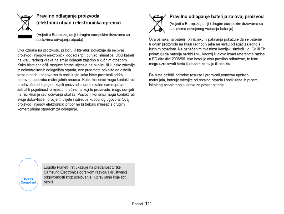 Samsung EC-ST93ZZBPSE3, EC-ST93ZZBPRE3, EC-ST93ZZBPBE3 manual Pravilno odlaganje baterija za ovaj proizvod 