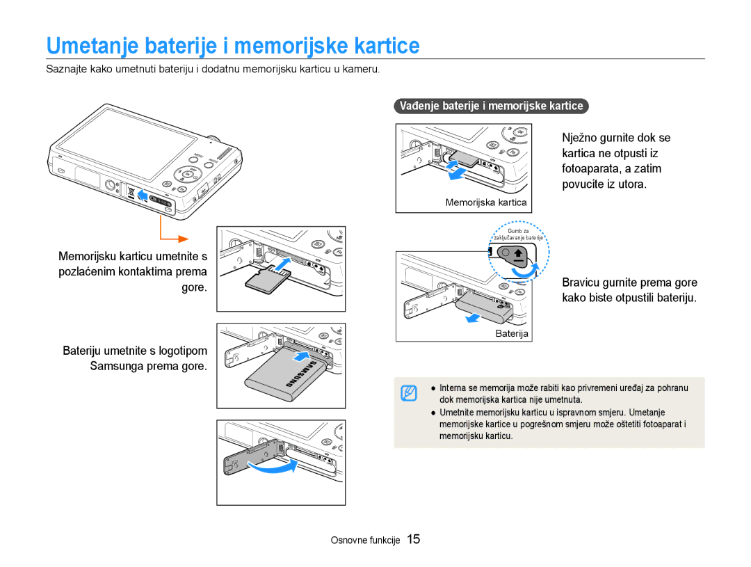 Samsung EC-ST93ZZBPSE3, EC-ST93ZZBPRE3 manual Umetanje baterije i memorijske kartice, Vađenje baterije i memorijske kartice 