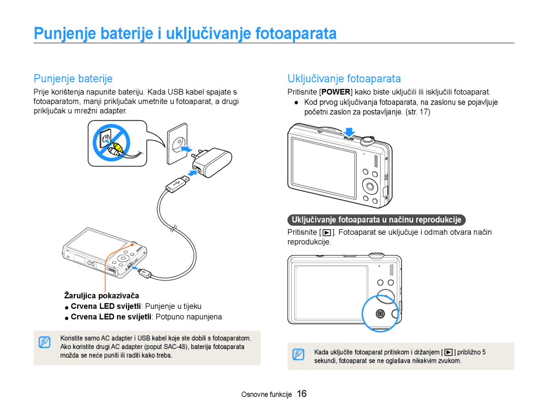 Samsung EC-ST93ZZBPBE3, EC-ST93ZZBPRE3 manual Punjenje baterije i uključivanje fotoaparata, Uključivanje fotoaparata 