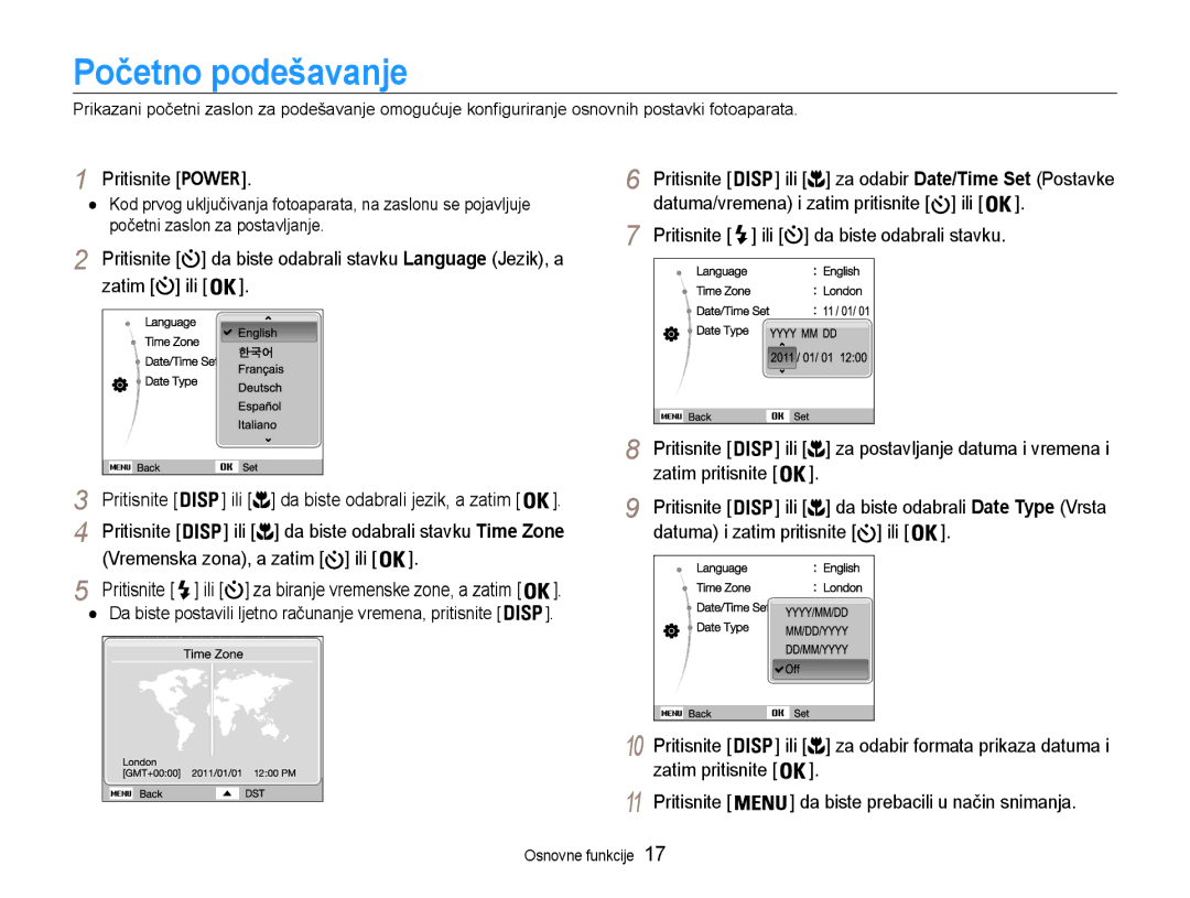 Samsung EC-ST93ZZBPRE3, EC-ST93ZZBPSE3, EC-ST93ZZBPBE3 manual Početno podešavanje, Zatim pritisnite Pritisnite 