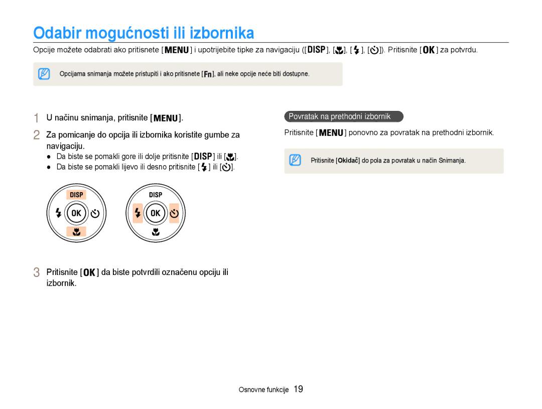 Samsung EC-ST93ZZBPBE3 manual Odabir mogućnosti ili izbornika, Navigaciju, Izbornik, Povratak na prethodni izbornik 