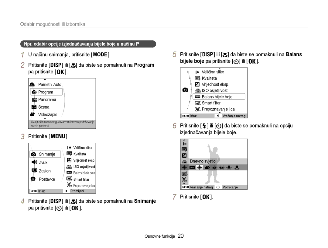 Samsung EC-ST93ZZBPRE3 manual Odabir mogućnosti ili izbornika, Pa pritisnite, Ili da biste se pomaknuli na Program 