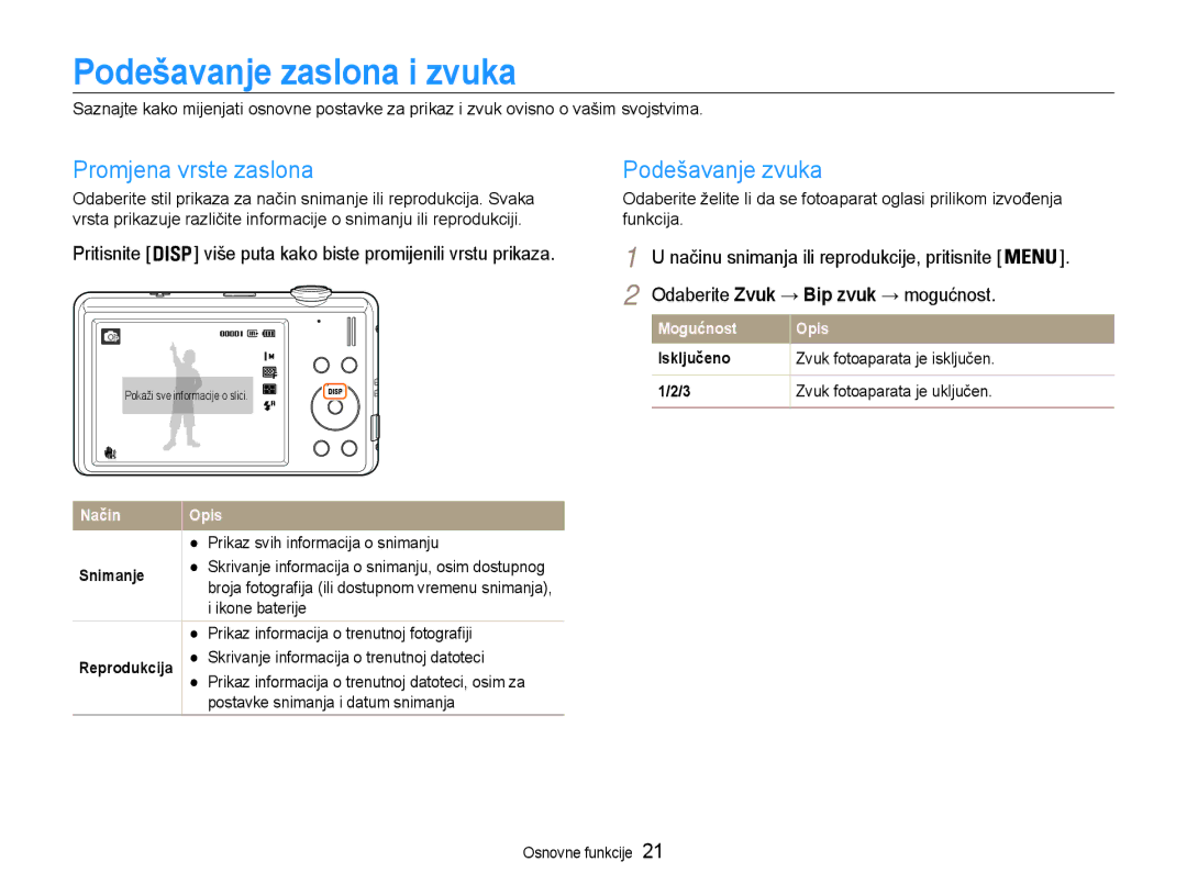 Samsung EC-ST93ZZBPSE3, EC-ST93ZZBPRE3 manual Podešavanje zaslona i zvuka, Promjena vrste zaslona, Podešavanje zvuka 