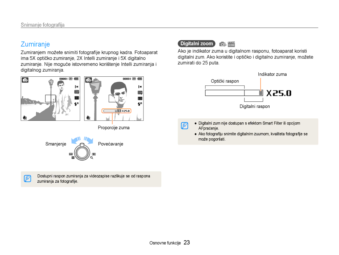 Samsung EC-ST93ZZBPRE3, EC-ST93ZZBPSE3, EC-ST93ZZBPBE3 manual Zumiranje, Snimanje fotografija, Digitalni zoom 