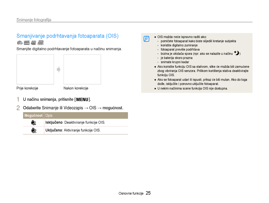 Samsung EC-ST93ZZBPBE3 manual Smanjivanje podrhtavanja fotoaparata OIS, Načinu snimanja, pritisnite, Prije korekcije 