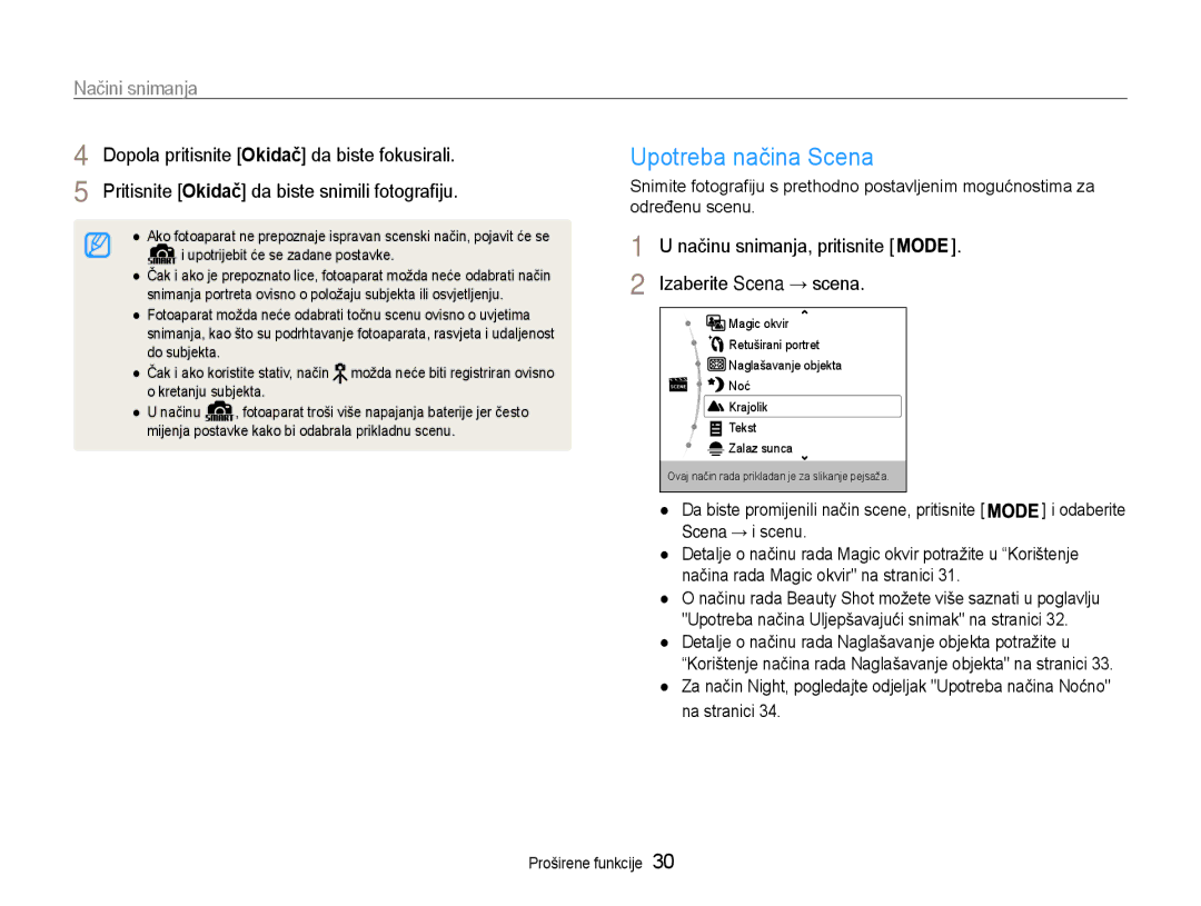 Samsung EC-ST93ZZBPSE3, EC-ST93ZZBPRE3, EC-ST93ZZBPBE3 manual Upotreba načina Scena, Načini snimanja, Izaberite Scena → scena 