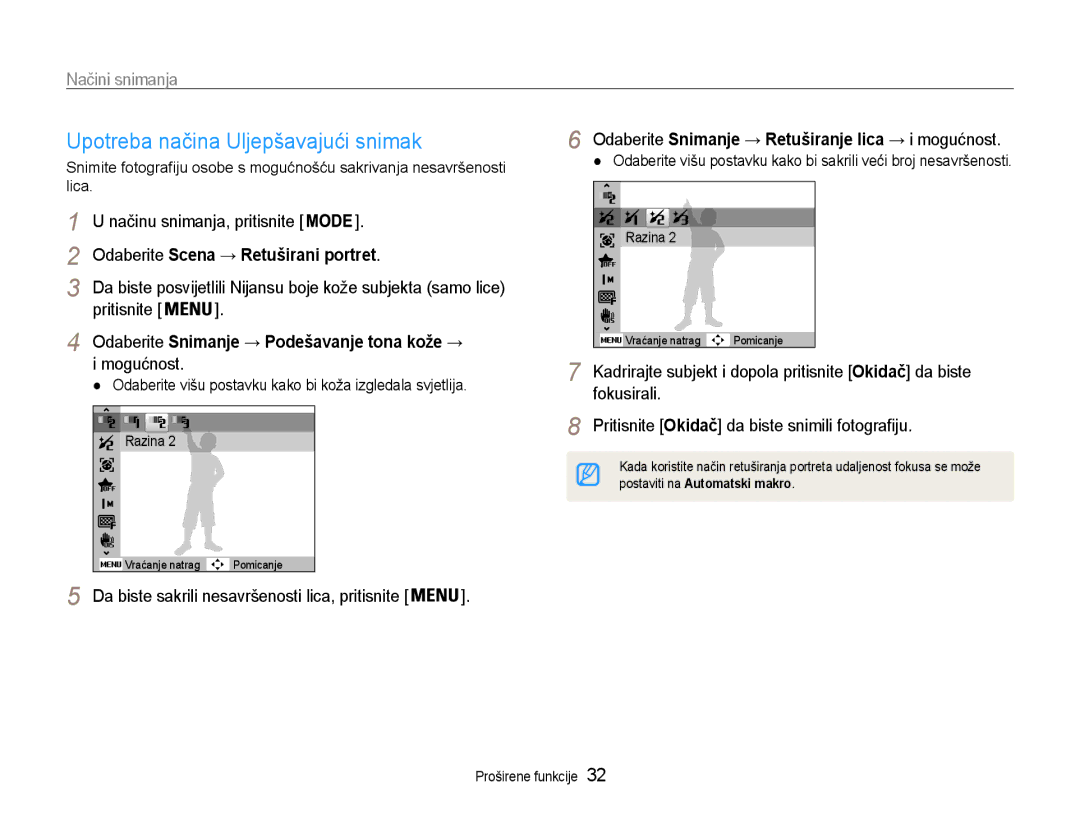 Samsung EC-ST93ZZBPRE3 manual Upotreba načina Uljepšavajući snimak, Odaberite Scena → Retuširani portret, Mogućnost 