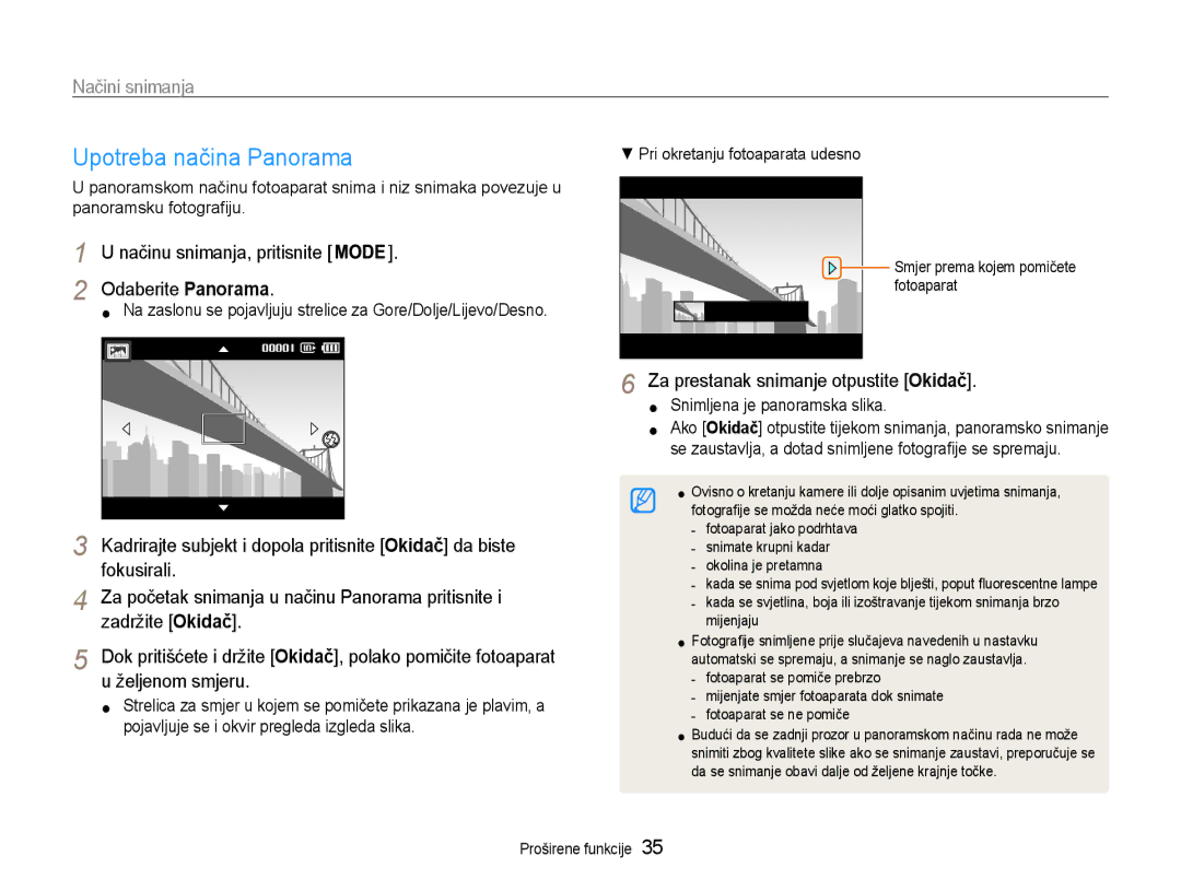 Samsung EC-ST93ZZBPRE3, EC-ST93ZZBPSE3 manual Upotreba načina Panorama, Odaberite Panorama, Zadržite Okidač, Željenom smjeru 