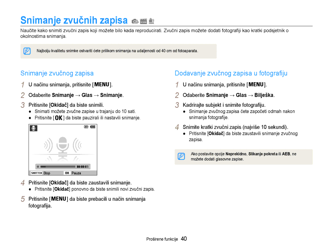 Samsung EC-ST93ZZBPBE3 manual Snimanje zvučnih zapisa, Snimanje zvučnog zapisa, Dodavanje zvučnog zapisa u fotografiju 