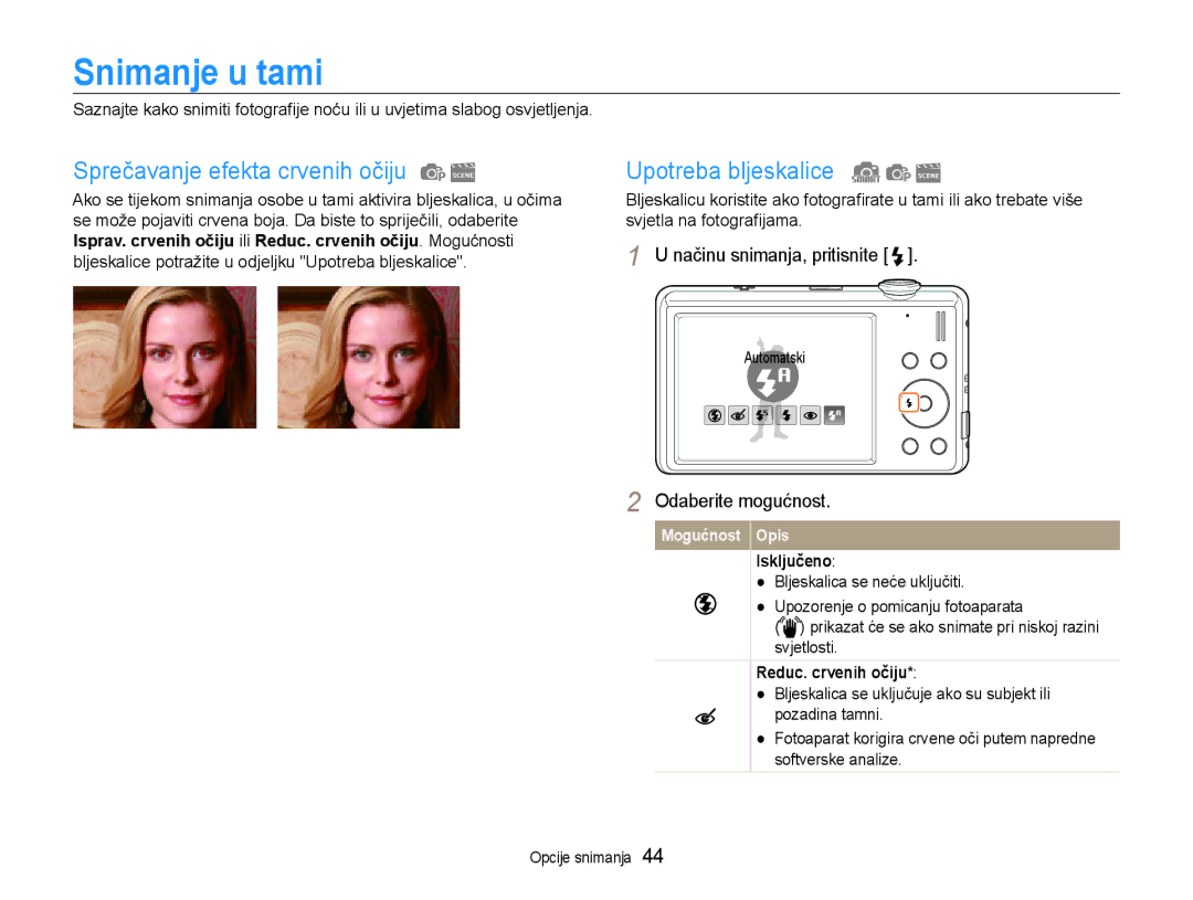 Samsung EC-ST93ZZBPRE3, EC-ST93ZZBPSE3 Snimanje u tami, Sprečavanje efekta crvenih očiju, Upotreba bljeskalice, Isključeno 