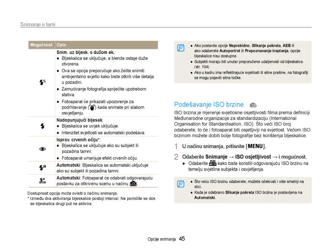 Samsung EC-ST93ZZBPSE3 manual Podešavanje ISO brzine, Snimanje u tami, Snim. uz bljesk. s dužom ek, Nadopunjujući bljesak 