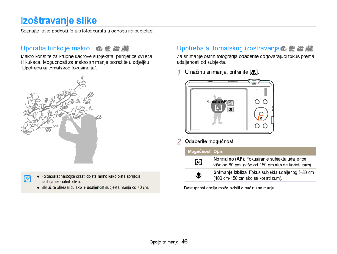 Samsung EC-ST93ZZBPBE3, EC-ST93ZZBPRE3 manual Izoštravanje slike, Uporaba funkcije makro, Upotreba automatskog izoštravanja 