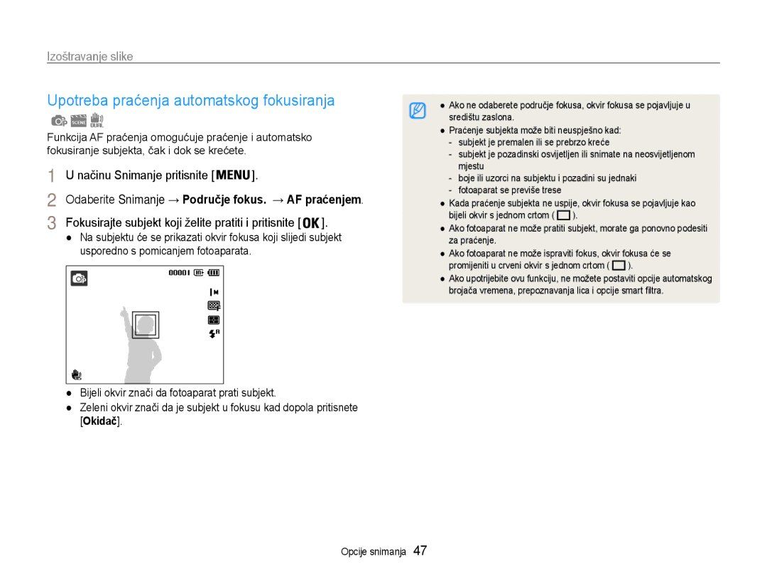 Samsung EC-ST93ZZBPRE3 manual Upotreba praćenja automatskog fokusiranja, Izoštravanje slike, Načinu Snimanje pritisnite 