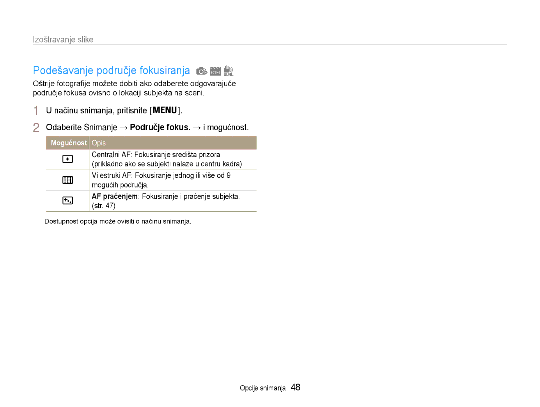 Samsung EC-ST93ZZBPSE3 manual Podešavanje područje fokusiranja, Centralni AF Fokusiranje središta prizora, Mogućih područja 