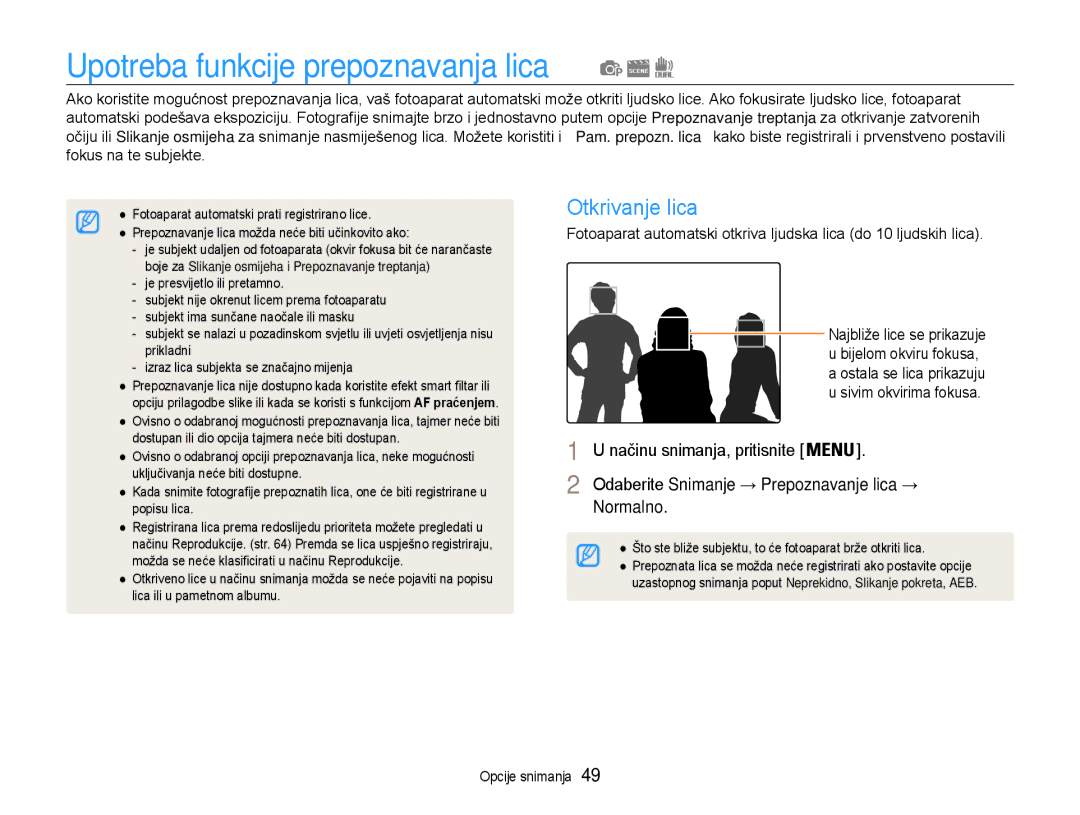 Samsung EC-ST93ZZBPBE3, EC-ST93ZZBPRE3, EC-ST93ZZBPSE3 manual Upotreba funkcije prepoznavanja lica, Otkrivanje lica 