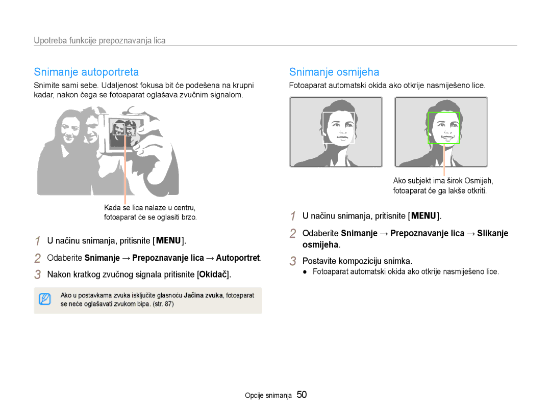 Samsung EC-ST93ZZBPRE3 manual Snimanje autoportreta, Snimanje osmijeha, Upotreba funkcije prepoznavanja lica, Osmijeha 
