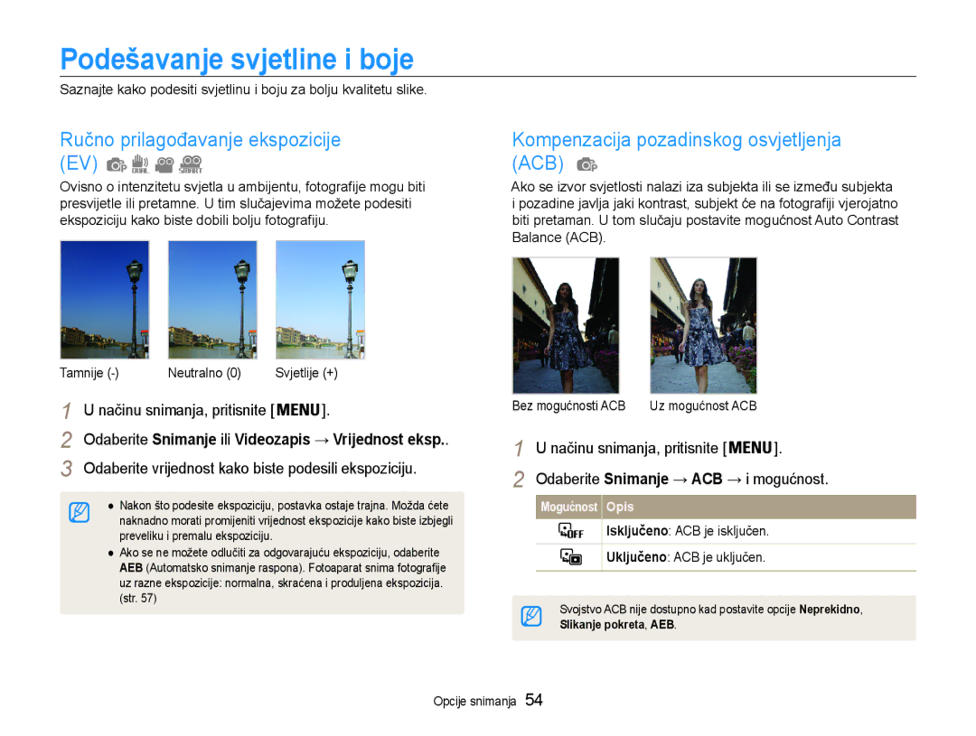 Samsung EC-ST93ZZBPSE3, EC-ST93ZZBPRE3, EC-ST93ZZBPBE3 Podešavanje svjetline i boje, Ručno prilagođavanje ekspozicije EV 