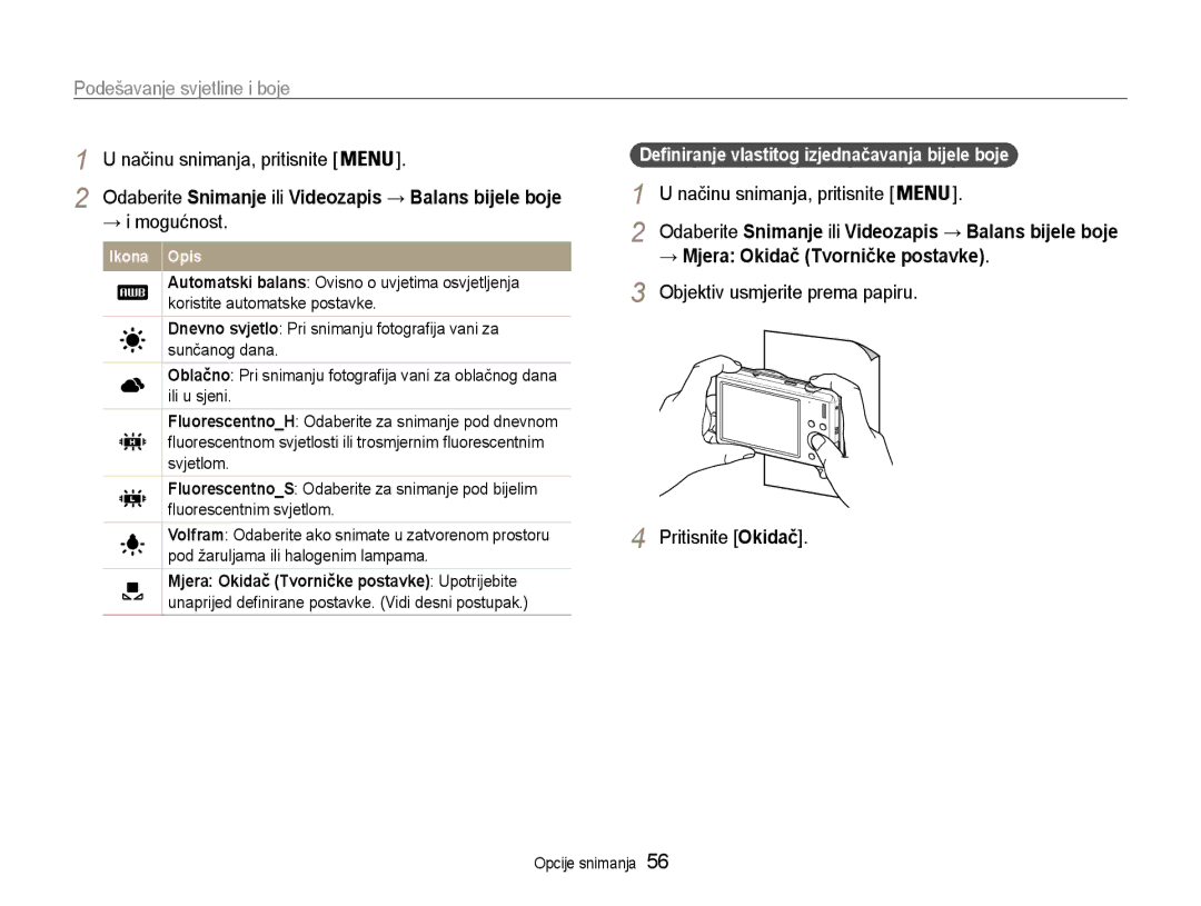 Samsung EC-ST93ZZBPRE3 manual → Mjera Okidač Tvorničke postavke, Objektiv usmjerite prema papiru Pritisnite Okidač 