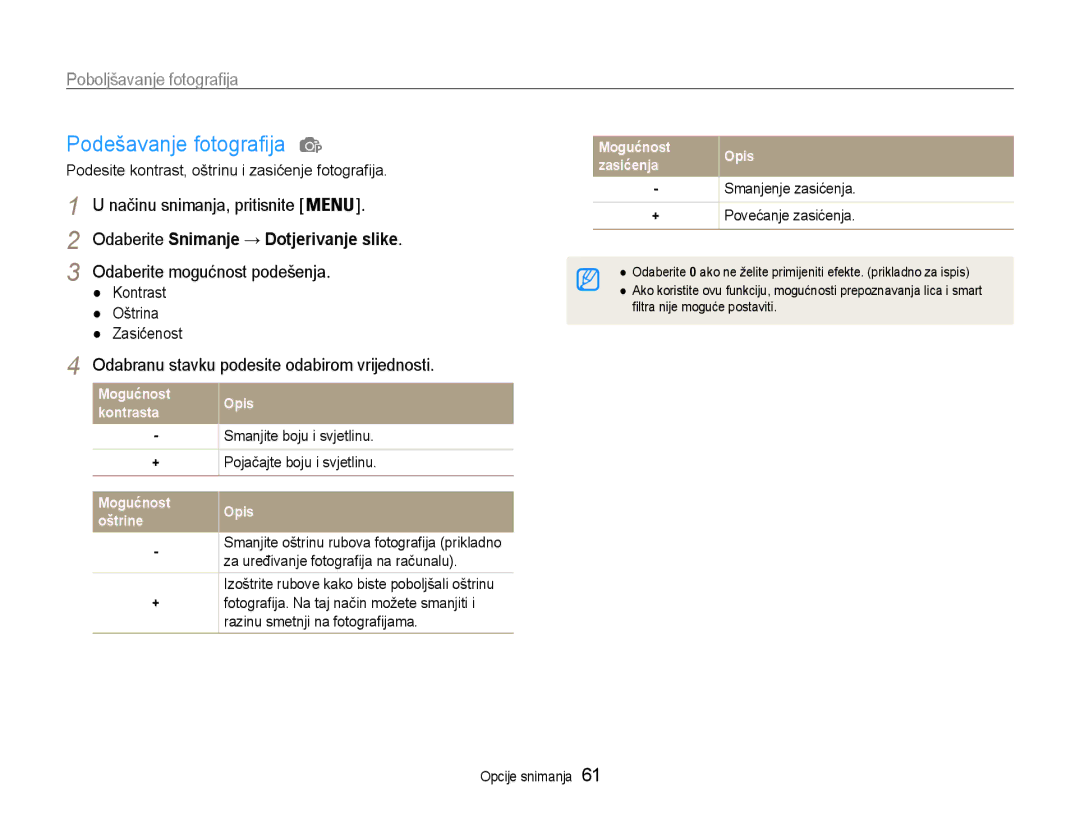 Samsung EC-ST93ZZBPBE3 manual Podešavanje fotografija, Odabranu stavku podesite odabirom vrijednosti, Smanjenje zasićenja 