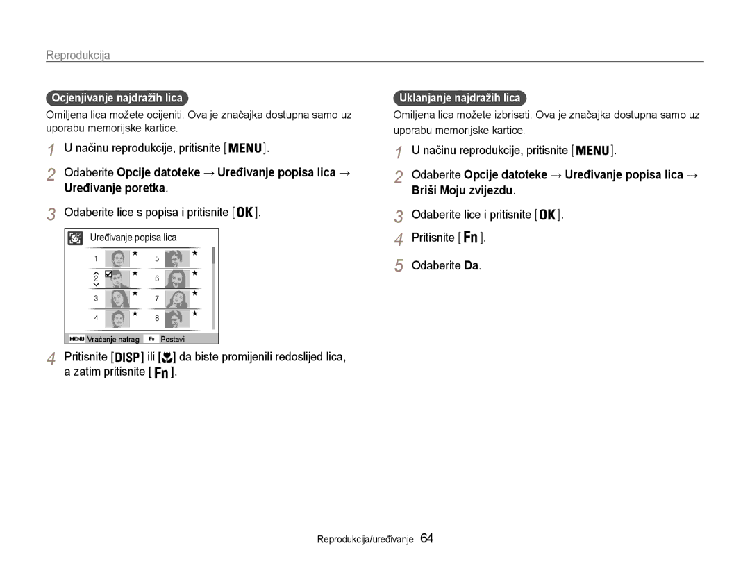 Samsung EC-ST93ZZBPBE3, EC-ST93ZZBPRE3 manual Reprodukcija, Uređivanje poretka, Briši Moju zvijezdu, Pritisnite Odaberite Da 