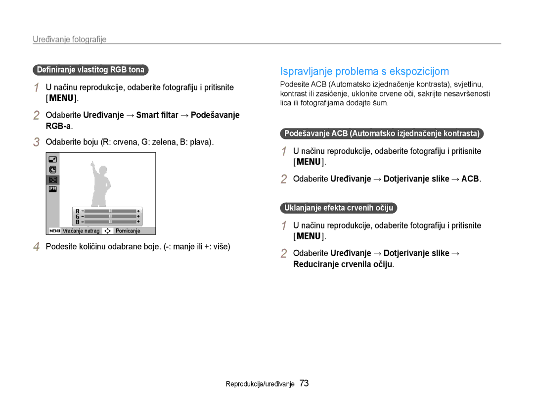 Samsung EC-ST93ZZBPBE3 Ispravljanje problema s ekspozicijom, RGB-a, Podesite količinu odabrane boje. manje ili + više 