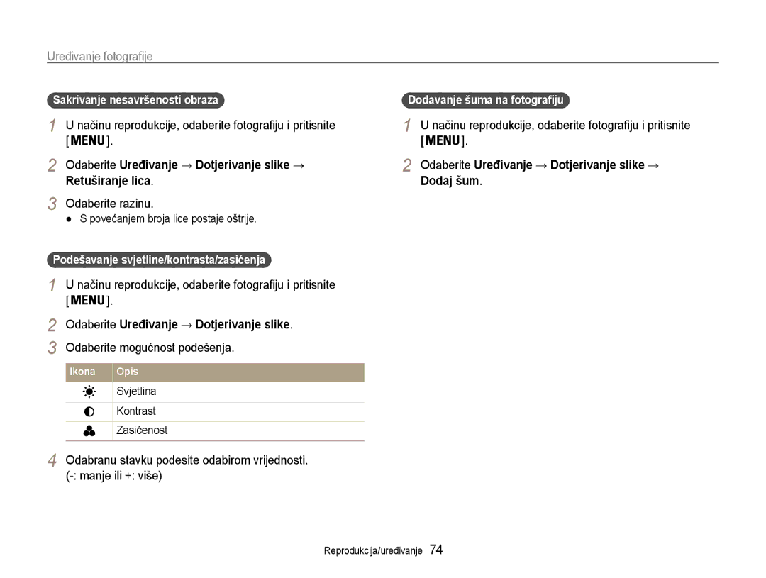 Samsung EC-ST93ZZBPRE3, EC-ST93ZZBPSE3 manual Odaberite razinu, Odaberite Uređivanje → Dotjerivanje slike → Dodaj šum 