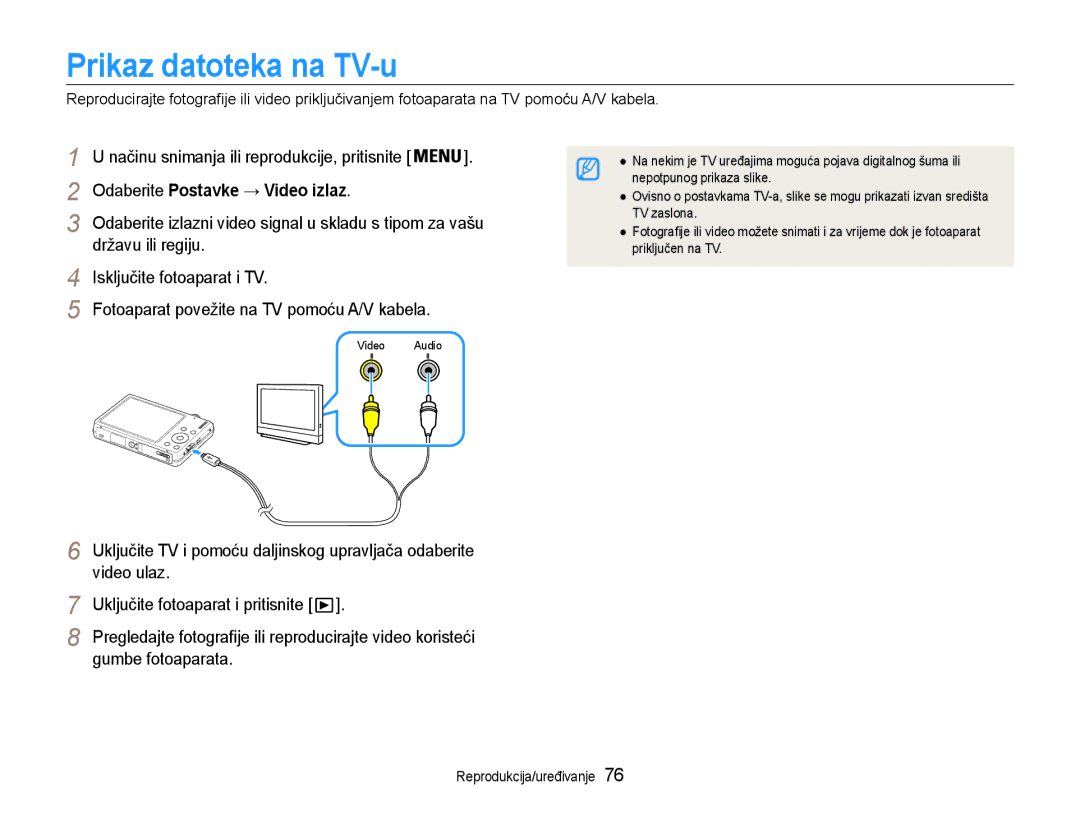 Samsung EC-ST93ZZBPBE3 manual Prikaz datoteka na TV-u, Odaberite Postavke → Video izlaz, Video ulaz, Gumbe fotoaparata 