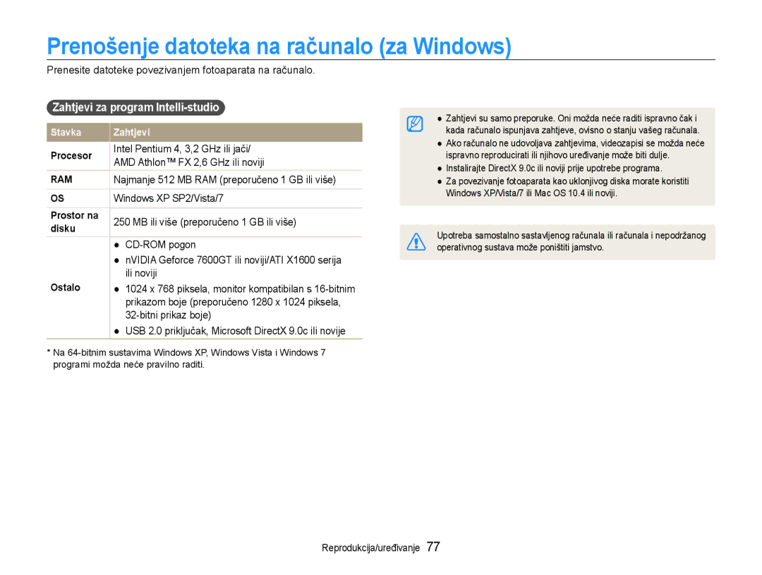 Samsung EC-ST93ZZBPRE3, EC-ST93ZZBPSE3 manual Prenošenje datoteka na računalo za Windows, Zahtjevi za program Intelli-studio 