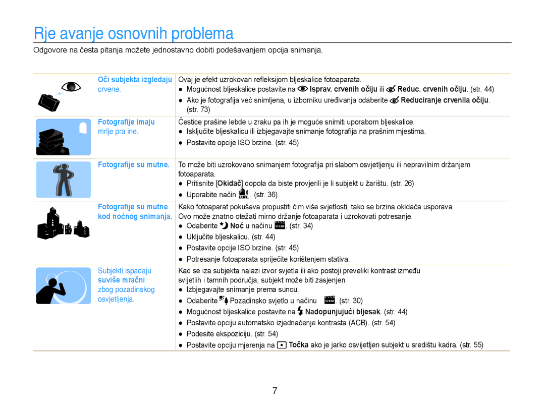 Samsung EC-ST93ZZBPBE3 manual Rješavanje osnovnih problema, Str, Svijetlih i tamnih područja, subjekt može biti zasjenjen 