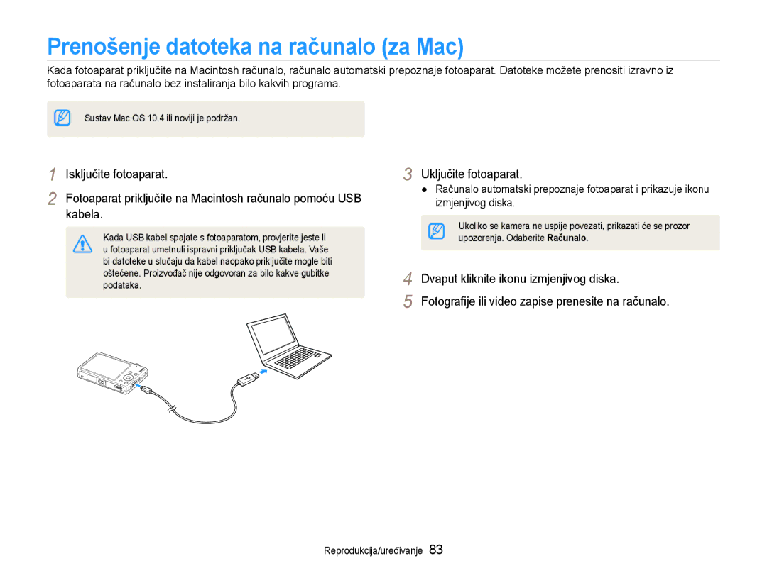 Samsung EC-ST93ZZBPRE3 Prenošenje datoteka na računalo za Mac, Dvaput kliknite ikonu izmjenjivog diska, Izmjenjivog diska 