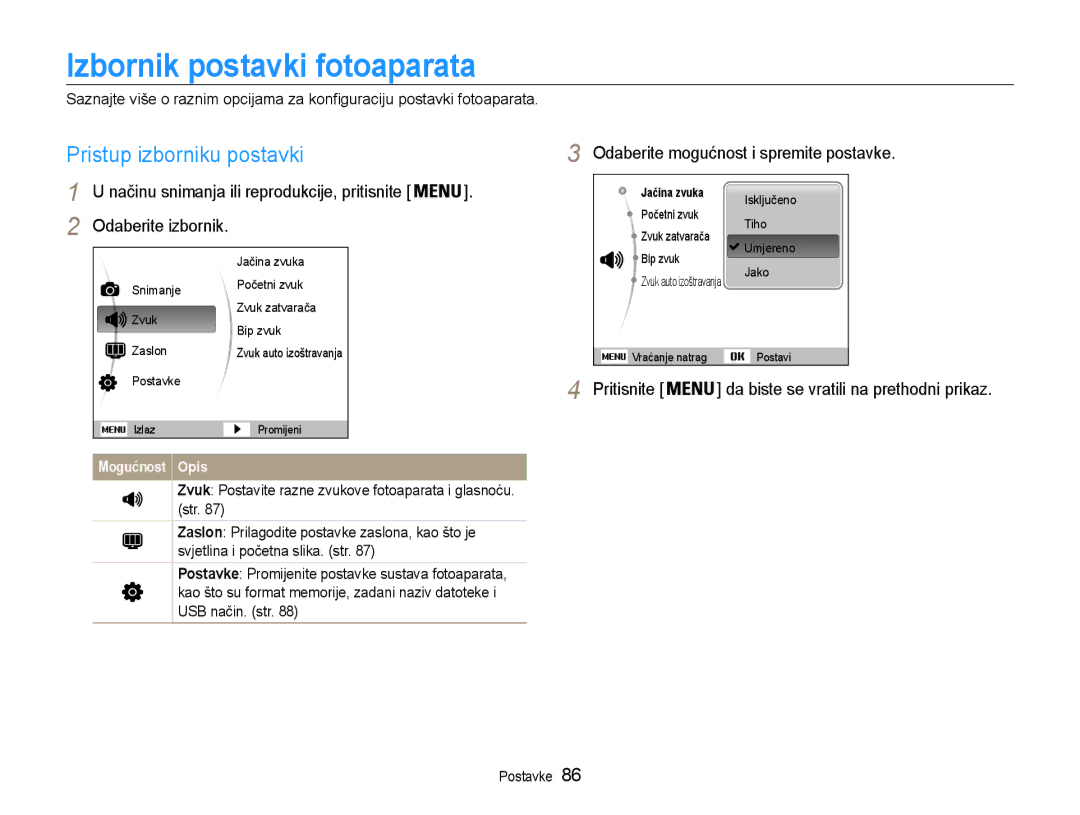 Samsung EC-ST93ZZBPRE3 Izbornik postavki fotoaparata, Pristup izborniku postavki, Odaberite mogućnost i spremite postavke 