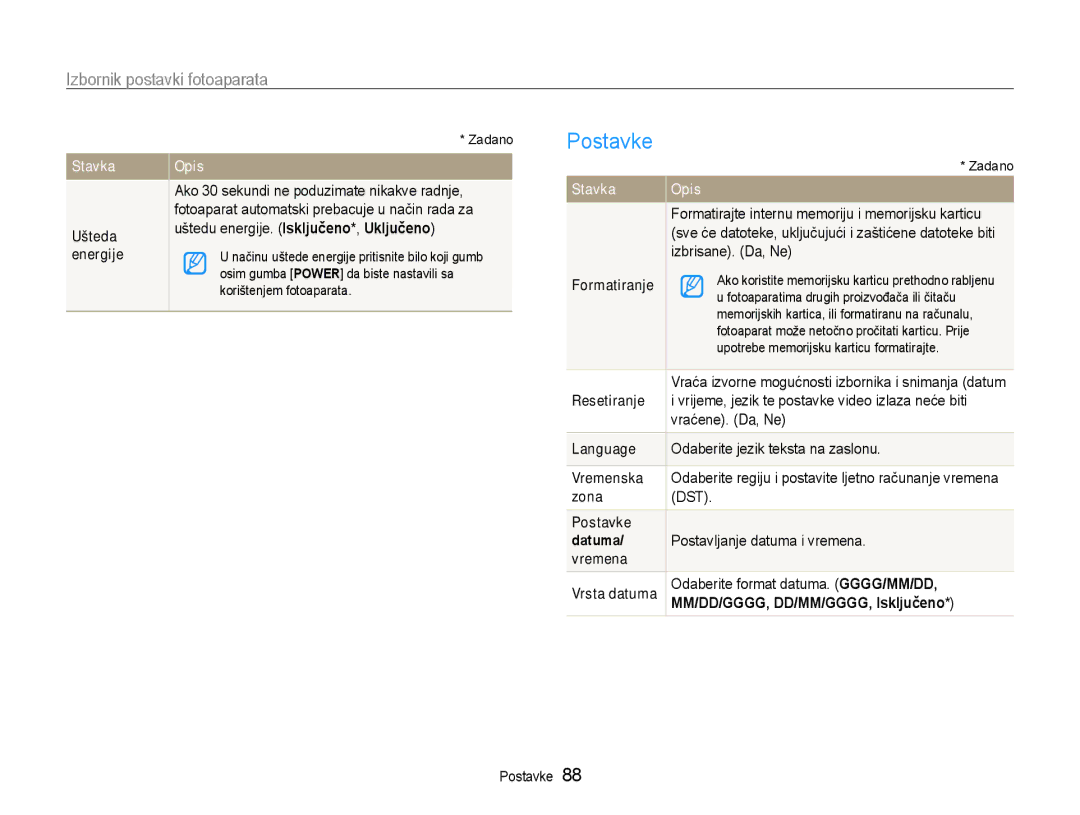 Samsung EC-ST93ZZBPBE3, EC-ST93ZZBPRE3, EC-ST93ZZBPSE3 manual Postavke, Mm/dd/gggg, dd/mm/gggg, Isključeno 