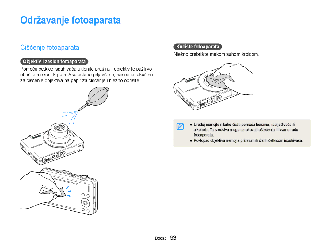 Samsung EC-ST93ZZBPSE3 Održavanje fotoaparata, Čišćenje fotoaparata, Objektiv i zaslon fotoaparata, Kućište fotoaparata 