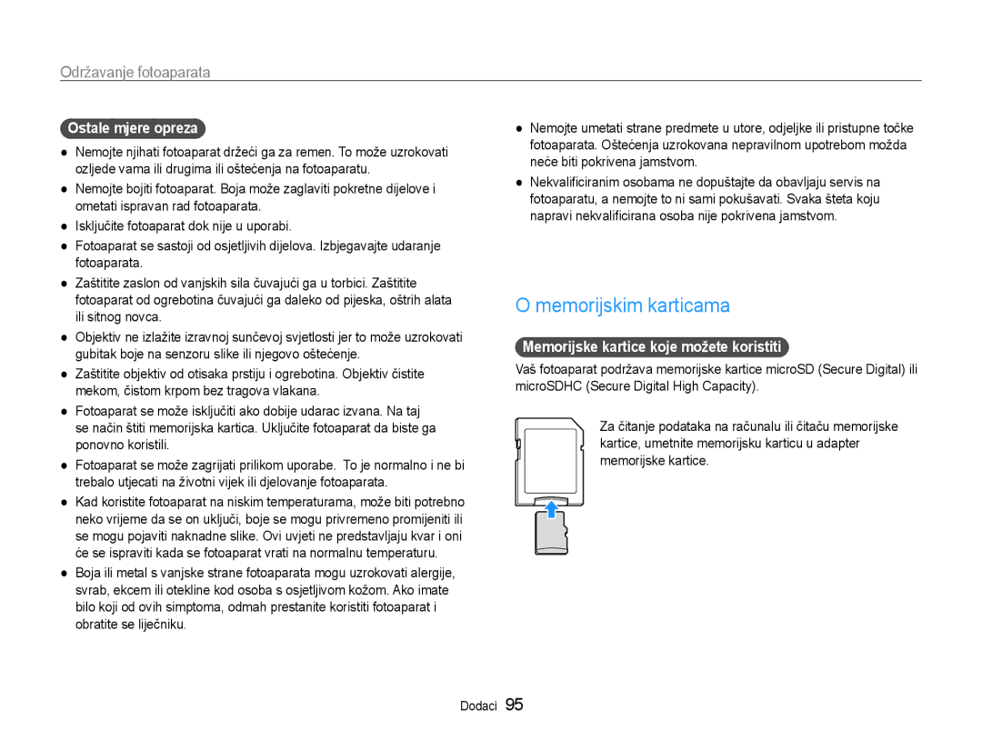 Samsung EC-ST93ZZBPRE3 manual Memorijskim karticama, Ostale mjere opreza, Memorijske kartice koje možete koristiti 