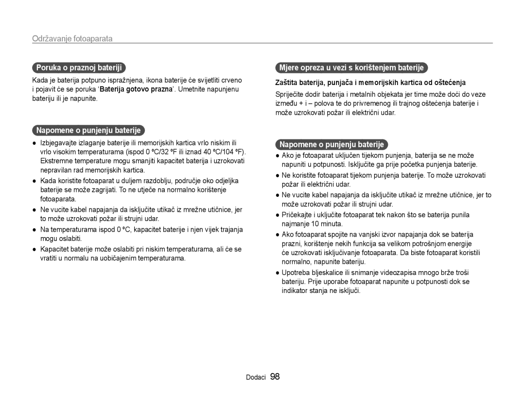 Samsung EC-ST93ZZBPRE3 Poruka o praznoj bateriji, Napomene o punjenju baterije, Mjere opreza u vezi s korištenjem baterije 