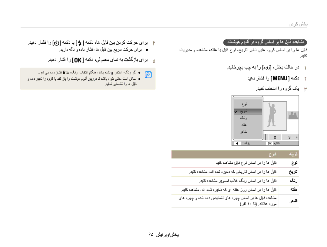 Samsung EC-ST93ZZBPSSA, EC-ST93ZZDPPIR, EC-ST93ZZDPUIR manual دیناخرچب پچ هب ار موز ،شخپ تلاح رد1 دیهد راشف ار, 65 پخش/ویرایش 