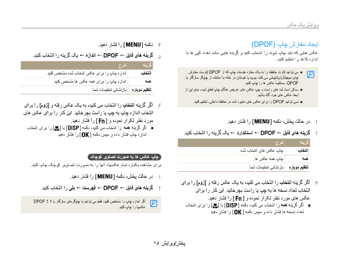 Samsung EC-ST93ZZBPBAE manual Dpof پاچ شرافس داجیا, دیهد راشف ار همکد, دینک باختنا ار یلب ! تسرهف ! Dpof ! لیاف یاه هنیزگ2 