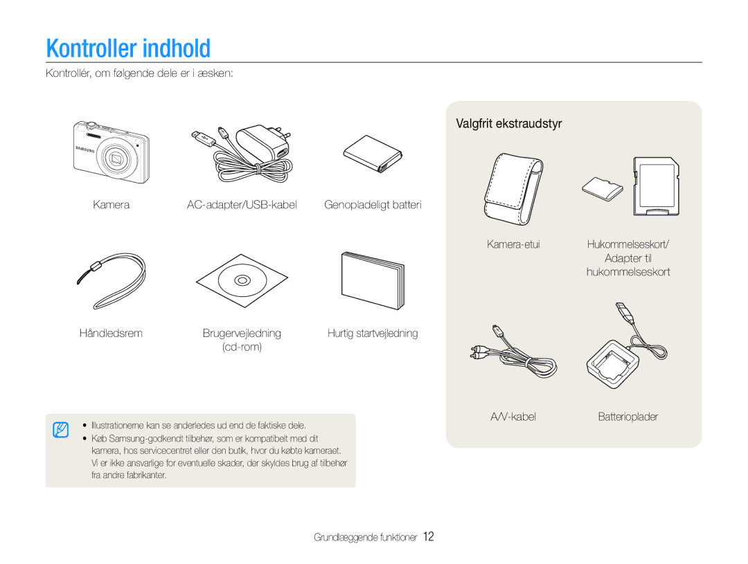 Samsung EC-ST93ZZBPBE2, EC-ST94ZZBPBE2, EC-ST93ZZBPRE2, EC-ST94ZZBPRE2 manual Kontroller indhold, Valgfrit ekstraudstyr 