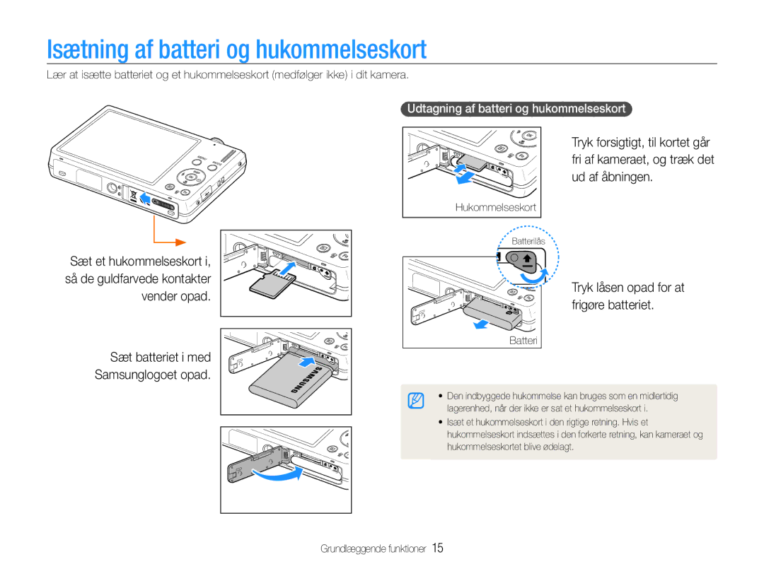 Samsung EC-ST94ZZBPBE2, EC-ST93ZZBPBE2 Isætning af batteri og hukommelseskort, Udtagning af batteri og hukommelseskort 