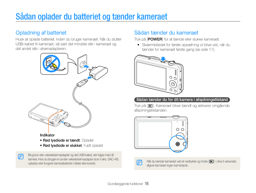 Samsung EC-ST93ZZBPBE2 Sådan oplader du batteriet og tænder kameraet, Opladning af batteriet, Sådan tænder du kameraet 