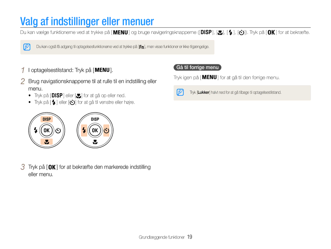 Samsung EC-ST94ZZBPBE2, EC-ST93ZZBPBE2 manual Valg af indstillinger eller menuer, Menu, Eller menu, Gå til forrige menu 