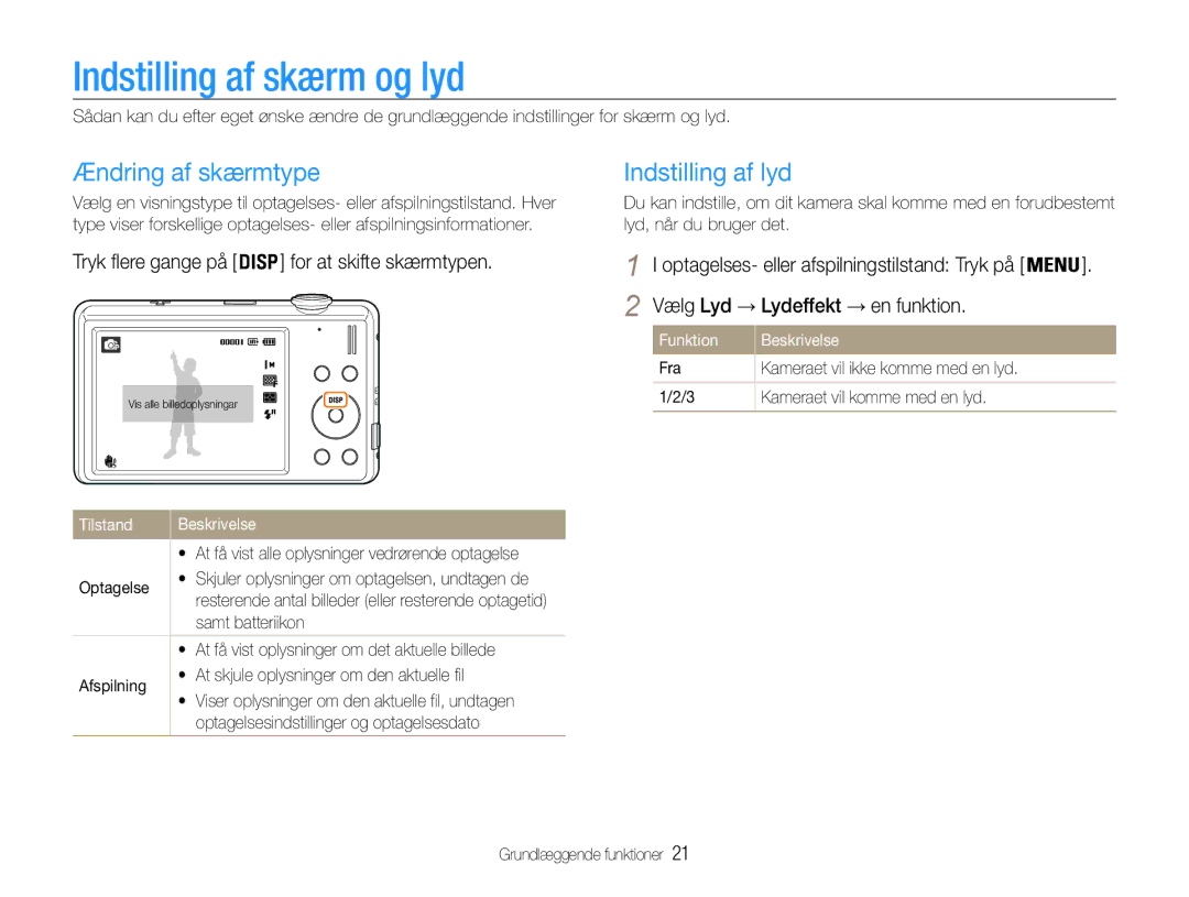 Samsung EC-ST93ZZBPRE2, EC-ST94ZZBPBE2 manual Indstilling af skærm og lyd, Ændring af skærmtype, Indstilling af lyd 